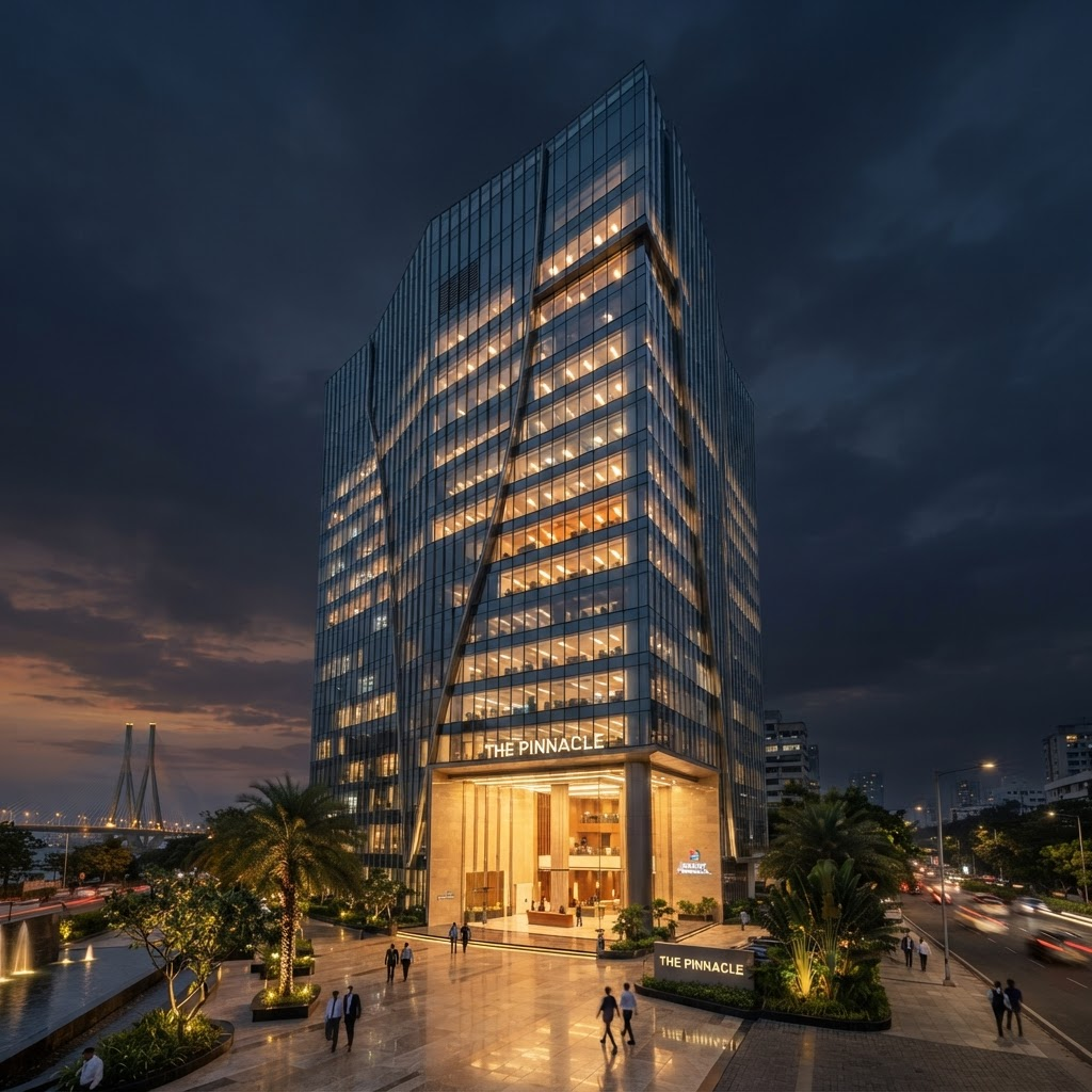 Modern glass-facade commercial office building at dusk