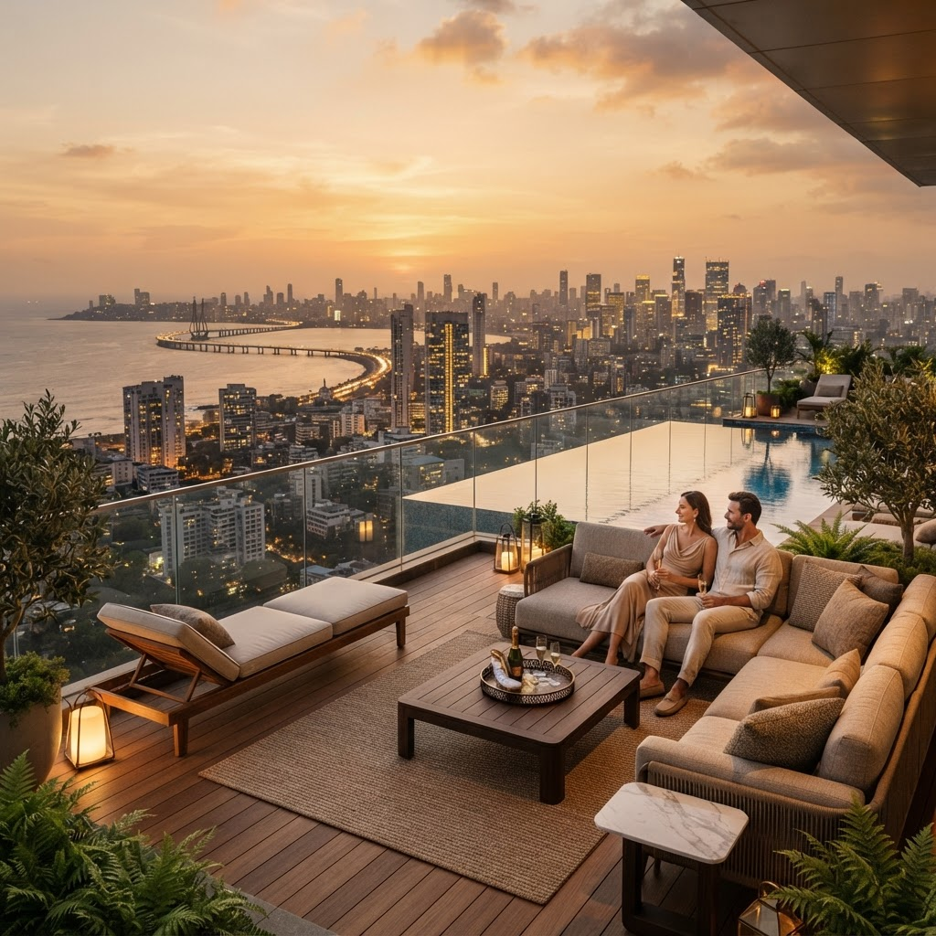 Penthouse terrace overlooking the Mumbai skyline at golden hour