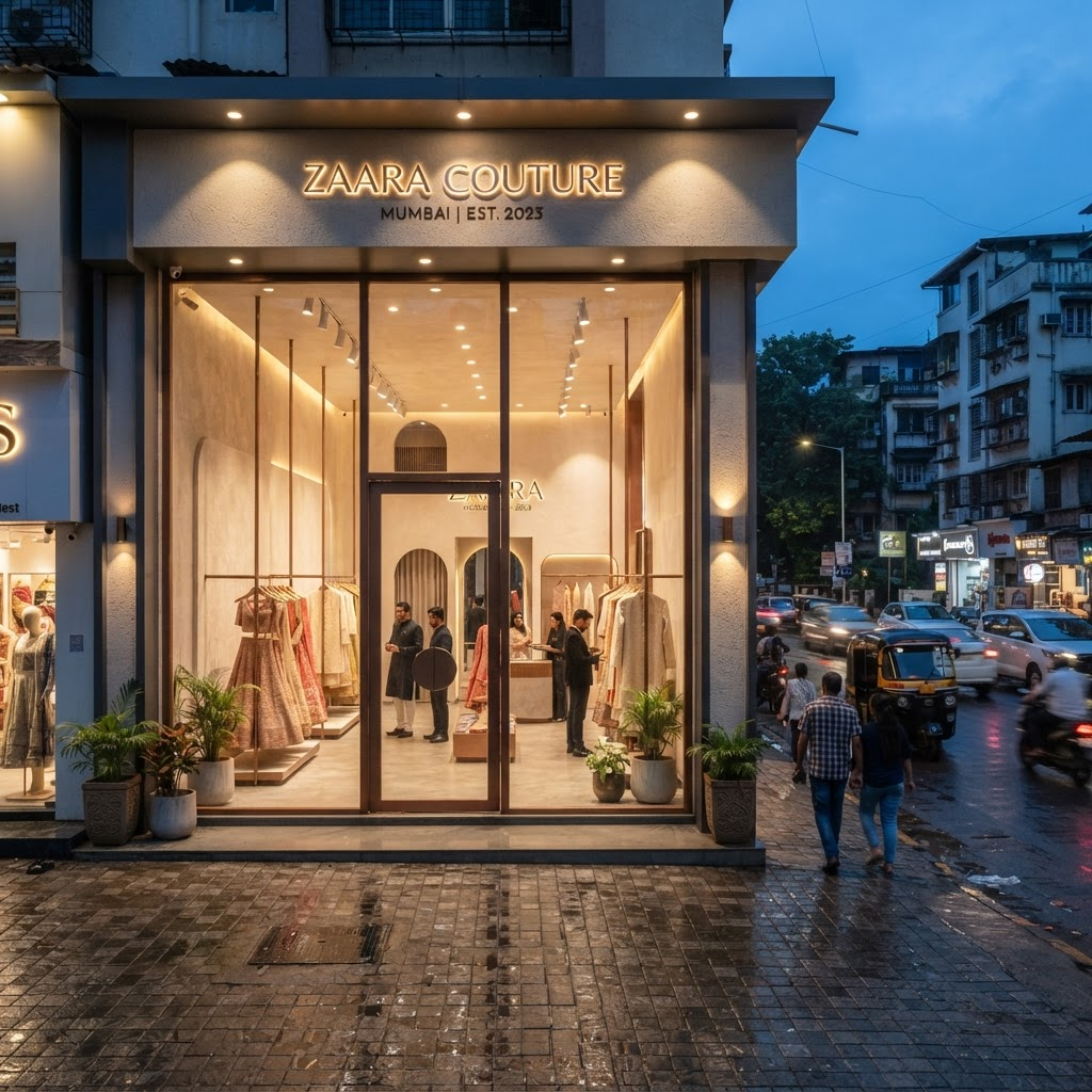 Upscale retail storefront with warm evening lighting
